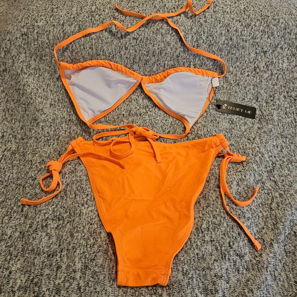 Two Piece Bikini Set Women's Sz XS -Orange Adjustable Ties Sexy Bathing Suit NWT - Picture 7 of 9